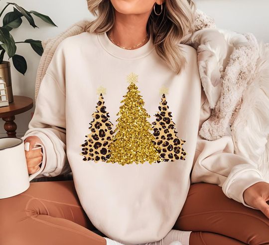 Discover Leopard and Gold Christmas Tree Sweatshirts, Retro Christmas Matching Family Sweaters