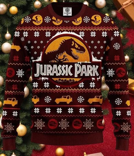 Jurassic Park Ugly Christmas Sweater, Dinosaur Holiday Jumper, Retro Movie Xmas Sweatshirt, Funny T-Rex Winter Gift for Fans