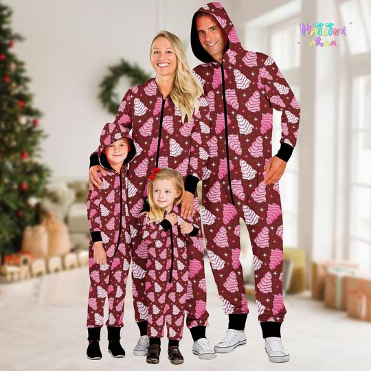 Christmas Tree Pink Cakes Kigurumi Onesie, One-piece Pajama, Family Christmas Jumpsuit, Christmas Gift , Birthday Gift