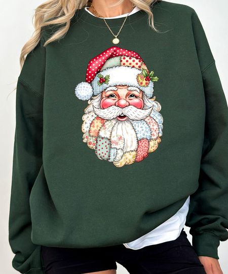 Discover Vintage Patchwork Santa Sweatshirt: Retro Christmas Graphic Sweaters