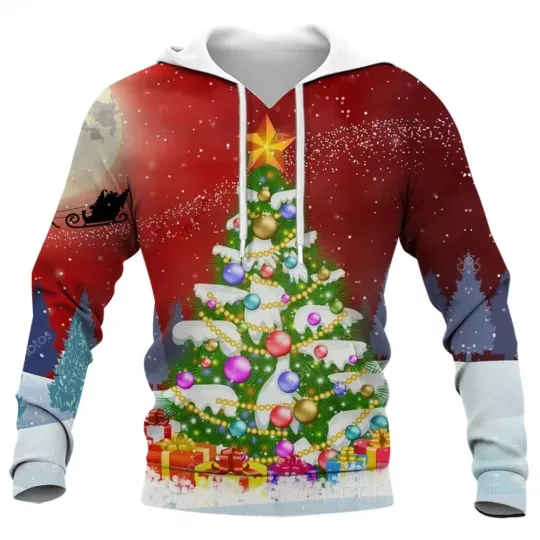 Discover 3D Christmas Hoodie Red Tree and Santa Flying Sleigh Festive Pullover Outfit