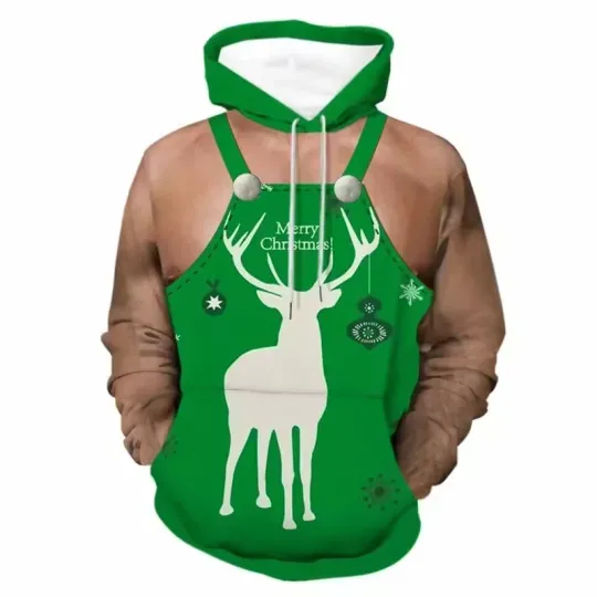 Discover Funny 3D Hoodie Green Apron Print Reindeer Design Merry Christmas Wear