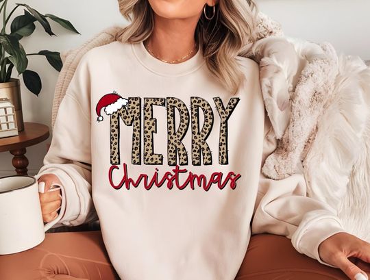 Discover Leopard Merry Christmas Sweatshirts for Women Retro Christmas Matching Family Sweaters