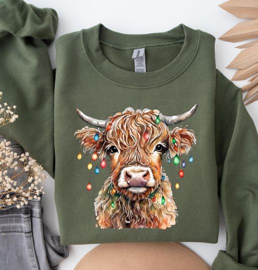 Discover Christmas Cow Lights Sweatshirt: Highland Cow Crewneck, Farm Xmas