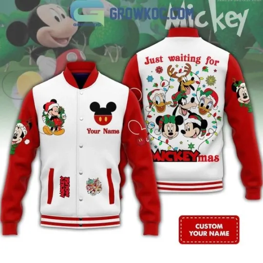 Discover Mickey And Friends Just Waiting For Mickeymas Xmas Personalized Baseball Jacket