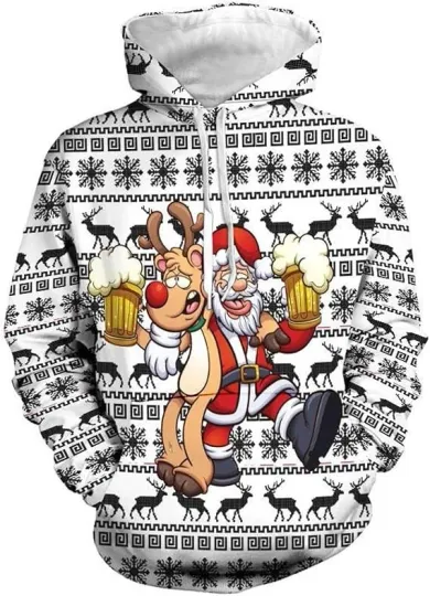 Funny Santa & Reindeer Beer Hoodie 3D Print White Christmas Unisex Pullover