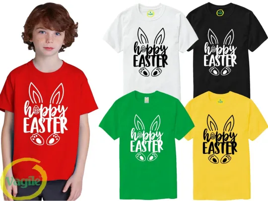 Discover Kids Boys Girls Hoppy Easter 2025 Bunny Egg T-Shirt, Cute Happy Children's Tee Top