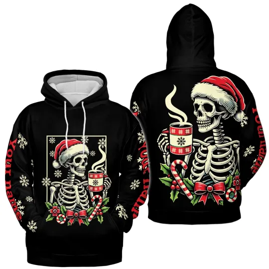 Custom Skeleton Coffee Hoodie 3D Print Dead Inside Quote Christmas Pullover