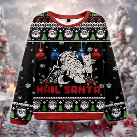 Hail Santa Metal Rock Hand Ugly Christmas Sweater, Funny Heavy Metal Holiday Sweatshirt, Cool Xmas Gift