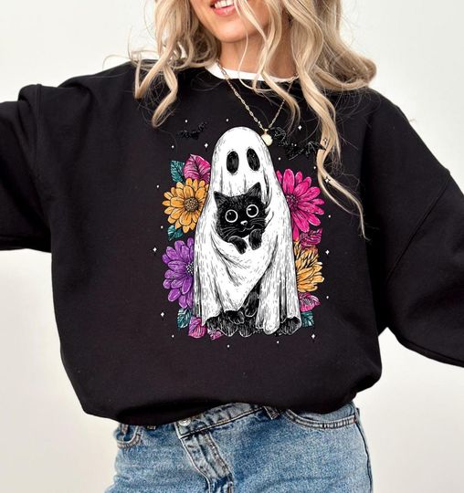 Discover Floral Halloween Ghost Sweatshirt: Witchy Black Cat Autumn Tee