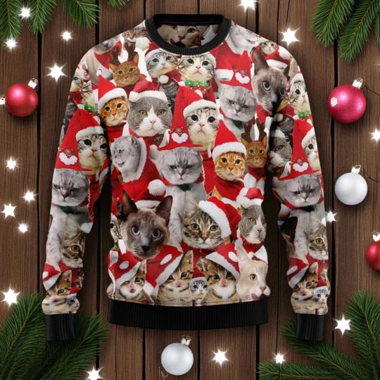 Discover Cute ugly cat Christmas sweater, Christmas with cat in hat, ugly Christmas sweater for cat lovers