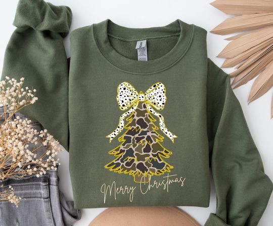 Discover Christmas Tree Bow Sweatshirt & T-hirt, Christmas Sweatshirt for Women, Camo Christmas Tree Tshirt, Christmas Coquette Christmas Shirt