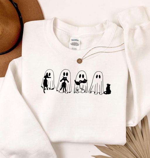 Discover Halloween Black Cat & Ghost Shirt: Spooky Season Tee