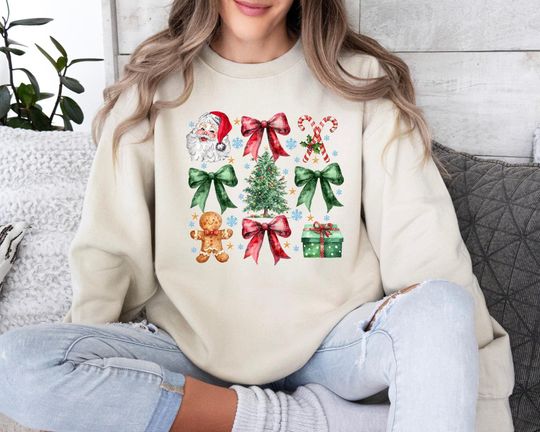 Discover Christmas Cute Bow Shirt, Santa Sweatshirt, Christmas Coquette Bow Sweaters