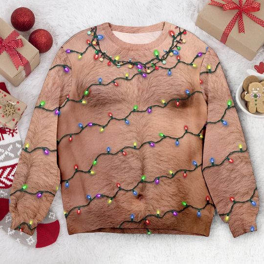 Discover Funny Hairy Chest Christmas Sweater: Xmas Lights Gag Gift