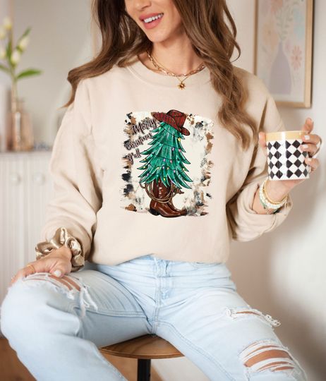 Discover Western Christmas Tree Boots Sweatshirt: Merry Christmas Y'all