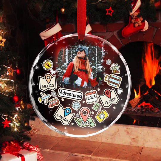 Discover Personalized Travel Photo Adventure Ornament 2025, Custom Vacation Photo Ornament, Travel Memories Acrylic Keepsake,  Gift for Travelers