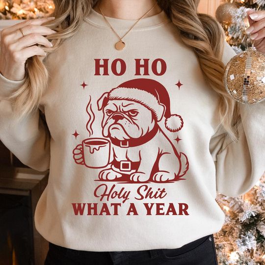 Discover Sarcastic Christmas Sweatshirt: Grumpy Dog and Coffee Meme Style