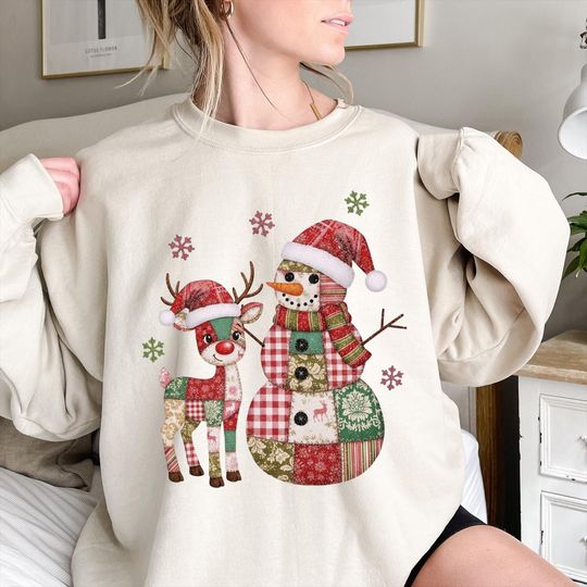 Discover Christmas Sweatshirt Patchwork: Cozy Reindeer and Snowman Style