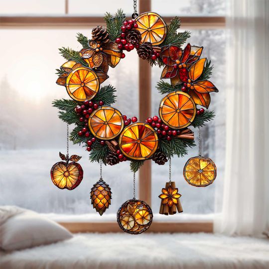 Evergreen Dried Orange Wreath ACRYLIC Suncatcher | Pinecone & Cinnamon Glass Ornament, Rustic Winter Window Sun Catcher Christmas Gift