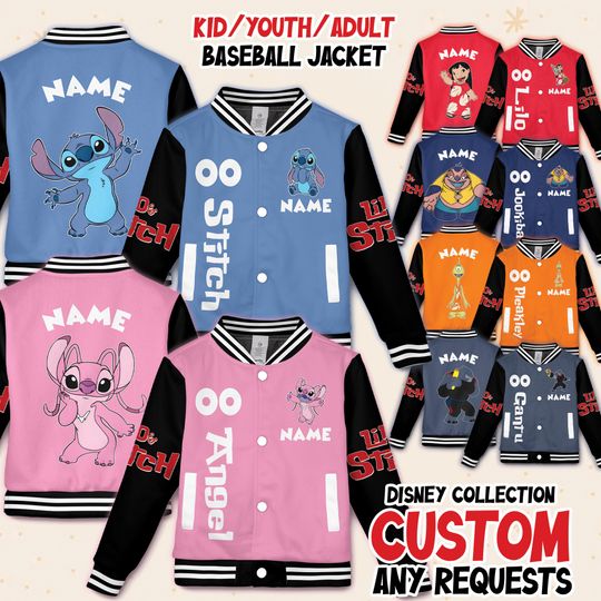 Discover Custom Disney Lilo & Stitch Baseball Jacket, Stitch Angel Jumba Pleakley Group Kids Youth Adult Baseball Team Varsity, Stitch Group Jackets