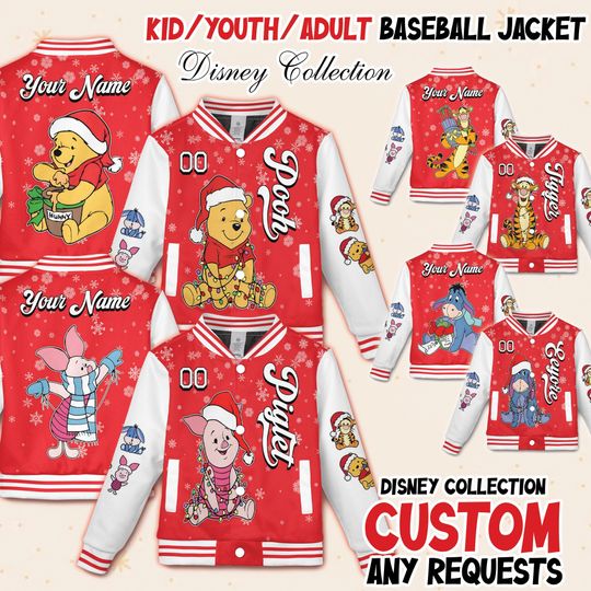 Discover Custom Disney Winnie The Pooh Christmas Baseball Jacket, Pooh and Friends Christmas Group Kids Youth Adult Baseball Team Varsity, Pooh Xmas