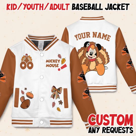 Discover Custom Disney Mickey Thanksgiving Baseball Jacket, Custom Baseball Team Jacket, Birthday Gift for Thanksgiving Fans Family Party