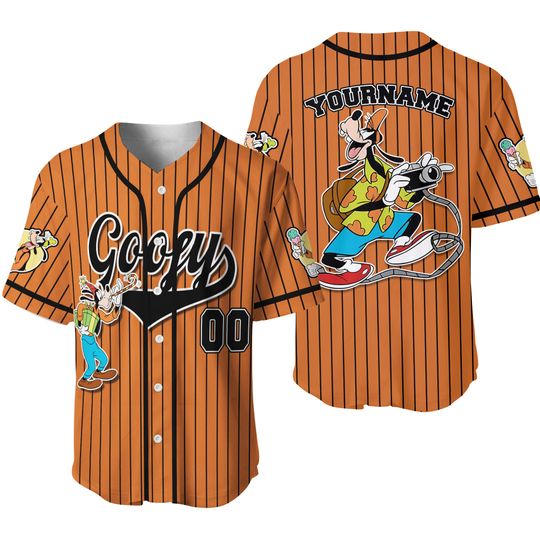Customized Goofy Orange Baseball Jersey, Custom Number And Name Disney Cartoon Jersey, Gift For Kids, Cartoon Lovers Jersey