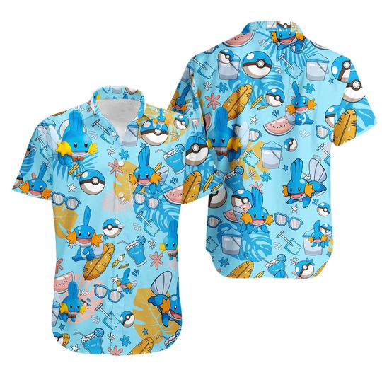 Pokem0n Mudkip Hawaiian Pattern Hawaii Shirt, Aloha Anime Mudkip Button Up Shirt