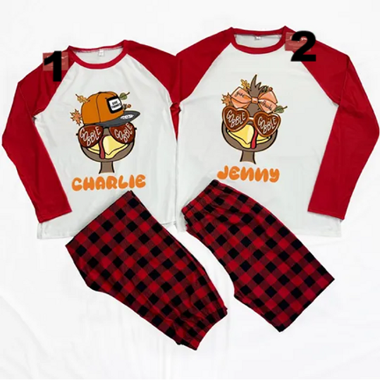 Personalized Unique Thanksgiving Plaid Pajamas, Cozy Turkey with Hat and Bow Printing Sleepwear, Special Gift For Her 2025