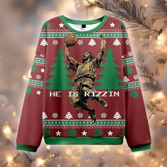 Discover He Is Rizzin Ugly Christmas Sweater, Funny Basketball Jesus Jumper, Religious Holiday Meme Top, Xmas Party Gift Apparel