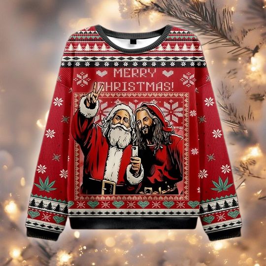 Discover Santa and Jesus Selfie Ugly Christmas Sweater, Funny Religious Jumper, Weed Leaf Holiday Top, Hilarious Xmas Party Gift