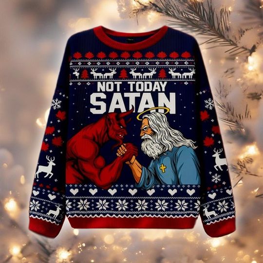 Discover Not Today Satan Ugly Christmas Sweater, Jesus vs Devil Jumper, Funny Religious Holiday Top, Hilarious Xmas Party Gift