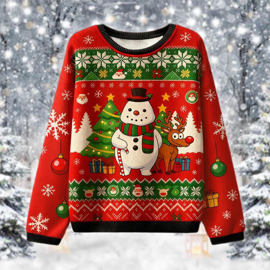 Discover Red Snowman Reindeer Ugly Christmas Sweater, Holiday Jumper, Festive Xmas Party, Traditional Winter Apparel