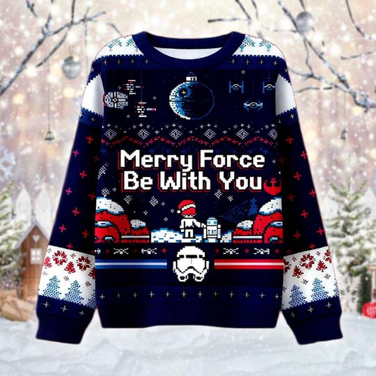 Discover Merry Force Be With You Ugly Christmas Sweater, Sci-Fi Fan Gift, Death Star Holiday Jumper, Nerdy Sci-Fi Xmas Party