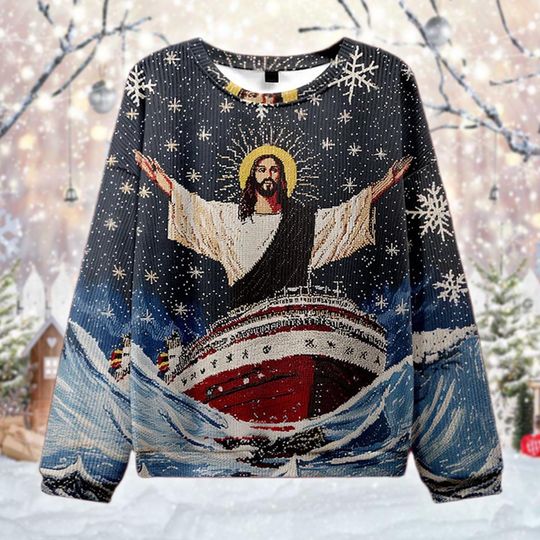 Discover Jesus Cruise Ship Ugly Christmas Sweater, Funny Religious Xmas Jumper, Messiah Walking On Water, Merry Cruisemas Gift, Catholic Holiday Tee