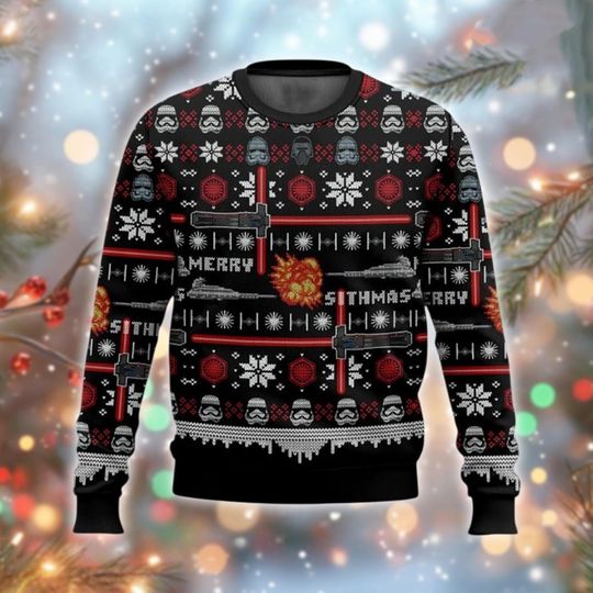 Discover Merry Sithmas Sci-Fi Villain Ugly Sweater, Dark Side Trooper Xmas Jumper, Space Saga Holiday Sweatshirt, Gift For Fan