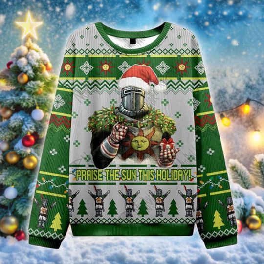 Praise the Sun Ugly Christmas Sweater, Solaire of Astora Holiday Jumper, Dark Souls Gamer Xmas Gift, Funny Geeky Christmas Sweater