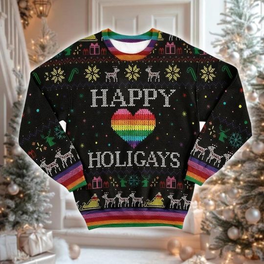 Happy Holigays Rainbow Heart Ugly Sweater, LGBTQ Christmas Sweatshirt, Funny Gay Holiday Crewneck, Pride Month Gift, Equality Jumper