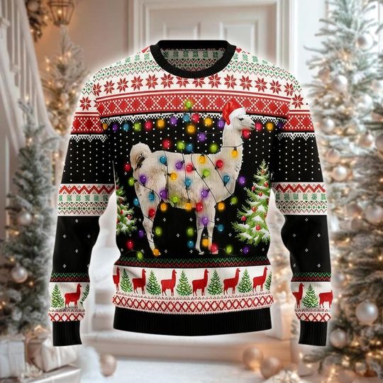 Discover Funny Llama Christmas Lights Ugly Sweater, Alpaca Holiday Sweatshirt, Cute Animal Xmas Crewneck, Hilarious Gift for Mom