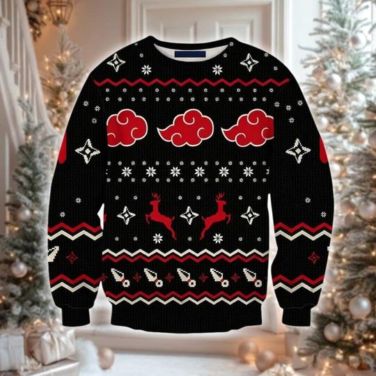 Discover Red Cloud Ninja Ugly Christmas Sweater, Anime Manga Holiday Sweatshirt, Evil Organization Crewneck Jumper, Funny Gift for Otaku