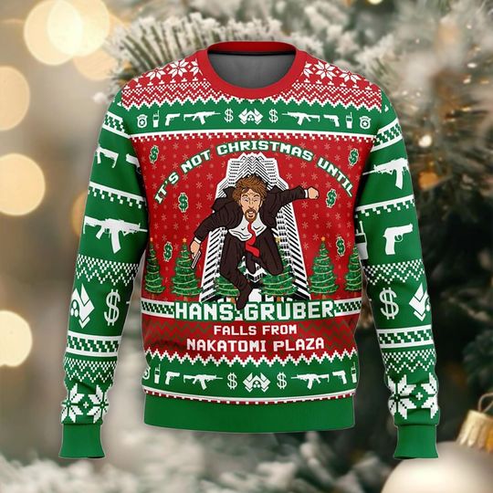 Hans Gruber Falls Die Hard Ugly Sweater, Funny Movie Jumper