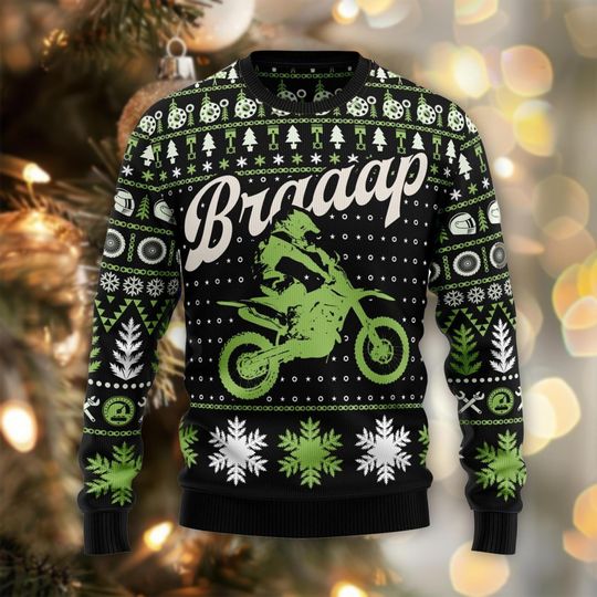 Braaap Ugly Christmas Sweater, Dirt Bike Xmas Jumper, Motocross Rider Gift, Off-Road Motorcycle Sweater