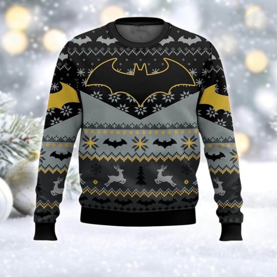 Discover Dark Knight Logo Ugly Christmas Sweater, Gotham Hero Xmas Jumper, Comic Book Holiday Sweatshirt, Gift For Fan