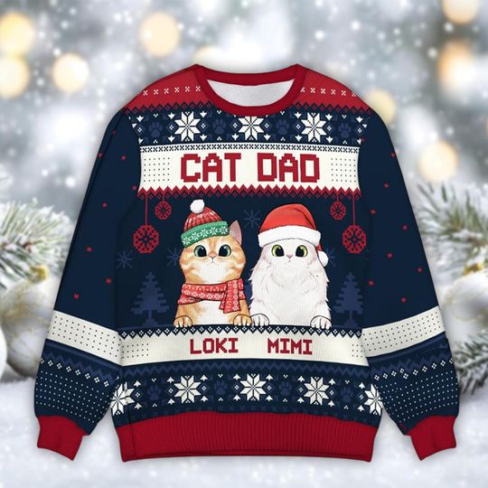 Discover Personalized Cat Dad Ugly Christmas Sweater, Custom Pet Names Jumper, Funny Cat Lover Gift