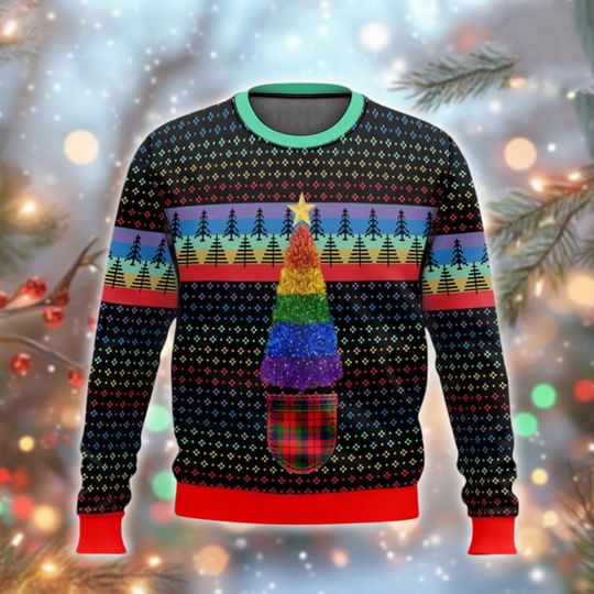 Discover Rainbow Christmas Tree Ugly Sweater, Glitter Pride Xmas Jumper, LGBTQ Holiday Sweatshirt, Gift For Gay Friend