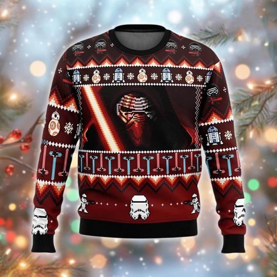Discover Dark Side Master Ugly Christmas Sweater, Pixel Sci-Fi Villain Xmas Jumper, Space Saga Holiday Sweatshirt, Gift For Fan