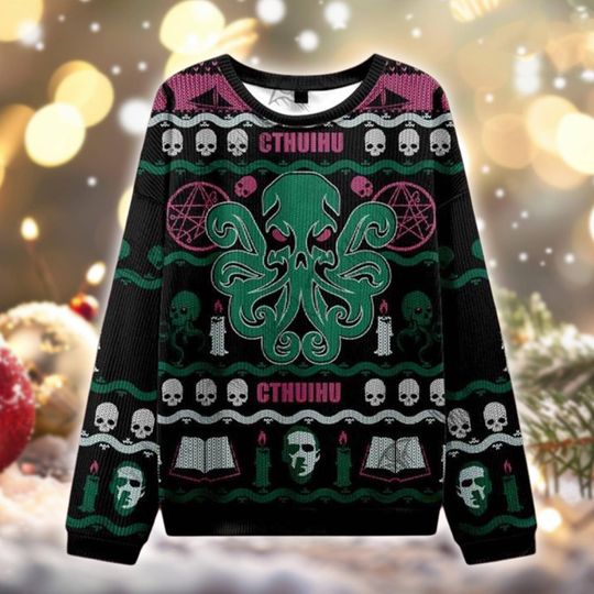 Cthulhu Ugly Christmas Sweater, Lovecraft Holiday Sweater, Horror Book Meme Sweater, Gothic Halloween Xmas Gift for Him Her