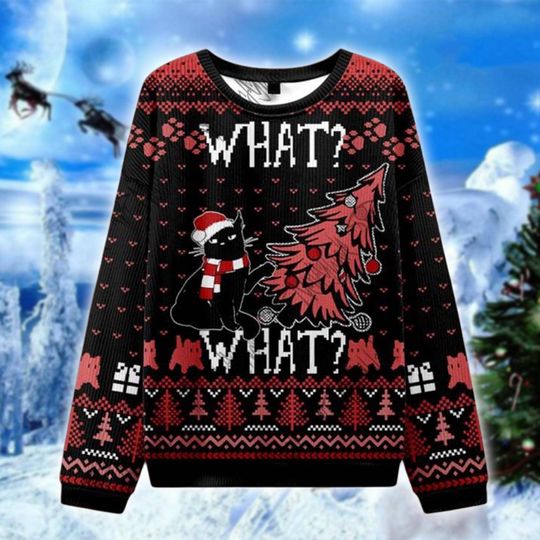 Discover Funny Cat Christmas Ugly Sweater, Black Cat Tree Destroyer Sweatshirt, Xmas Humor Sweater, Holiday Cat Gift Sweater