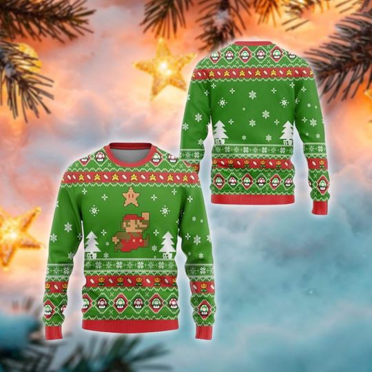 Discover Pixel Plumber Ugly Christmas Sweater, Retro Game Xmas Jumper, 8-Bit Power-Up Holiday Sweatshirt, Gift For Gamer